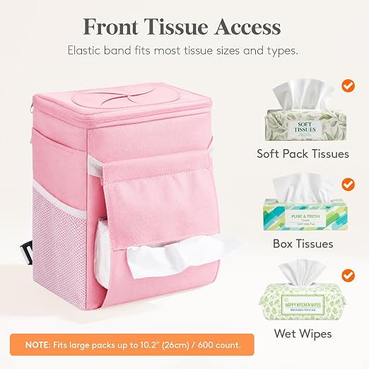 Car Trash Bin, 2 Gallon Leakproof Waterproof Vehicle Garbage Can with Lid & Tissue Holder, Car Interior Organizer for Front/Back/Console, Automotive Accessory, Pink