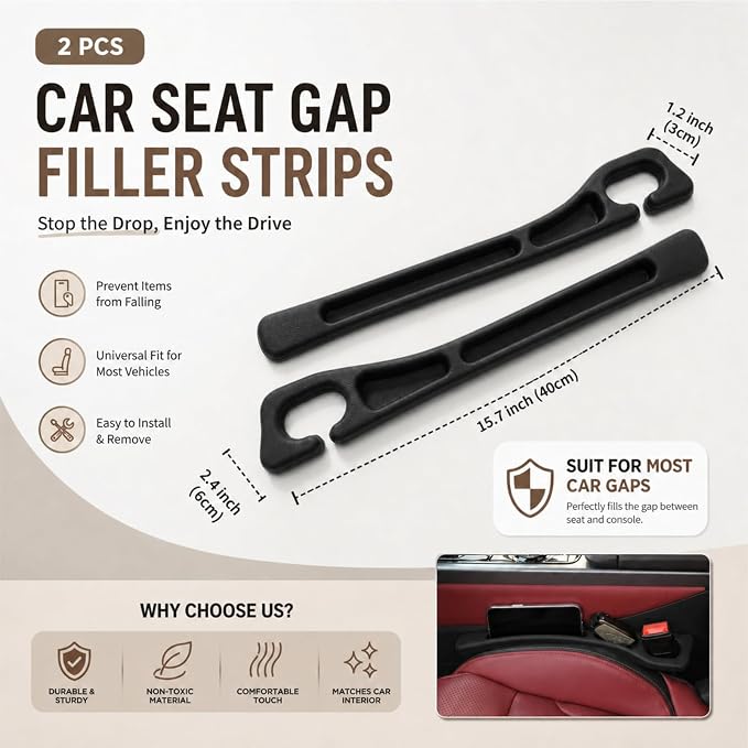 Car Seat Gap Filler 2-Pack, Universal Anti-Drop Organizer Strip with Storage Slot, Car Organizer Between Seat & Console for Cars, SUVs, Trucks (Black)