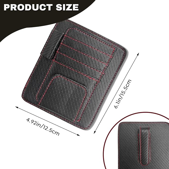 Car Sun Visor Organizer, Multifunctional Auto Visor Document Holder with Sunglasses Clip, Universal Car Interior Accessories Organizer for Drving License, Card, Pen (Carbon Fiber Black&Red)