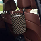 Car Trash Can Set with 2 Cup Coasters, Chessboard Brown Waterproof Hanging | 3-in-1 Set: Hanging Car Trash Bag + 2 Cup Coasters. Chessboard Brown, Waterproof & Leakproof, Universal Fit