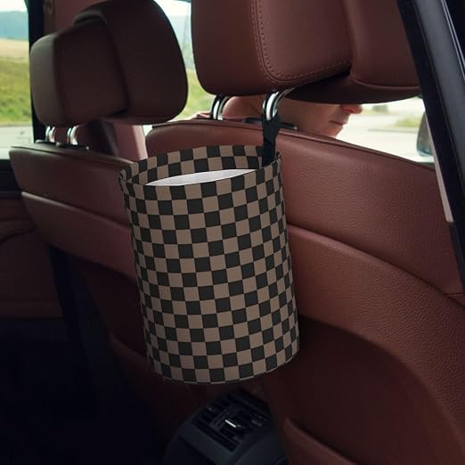 Car Trash Can Set with 2 Cup Coasters, Chessboard Brown Waterproof Hanging | 3-in-1 Set: Hanging Car Trash Bag + 2 Cup Coasters. Chessboard Brown, Waterproof & Leakproof, Universal Fit