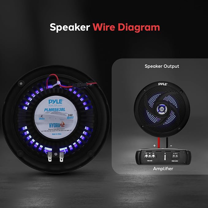 Pyle Waterproof Marine Speakers, 6.5 Inch Low-Profile Slim Mount 240 Watt Speaker Pair with Built-in Blue LED Lights, Weather-Resistant, ABS Grille, Ideal Waterproof Speaker for Boats & Powersports