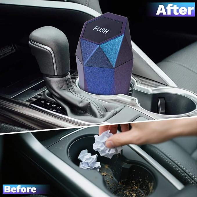 Car Trash Can, Car Trash Bin with Lid, Car Accessories for Women Interior, Car Garbage Can with Additional 2 ABS Hooks and 60pcs Trash Bags, Suitable for Home, Office, Car Organizer, Blue Purple