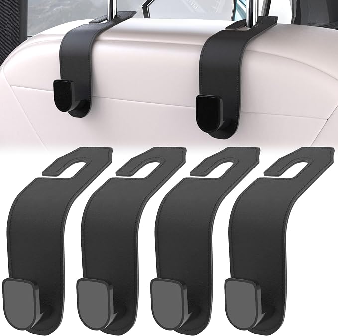 4 Pcs Seat Headrest Hook for Car, Seat Back Hanger Holder Hooks, Hanger Storage Organizer for Purse Bags Coat, Car Interior Accessories Leather Hidden Hook
