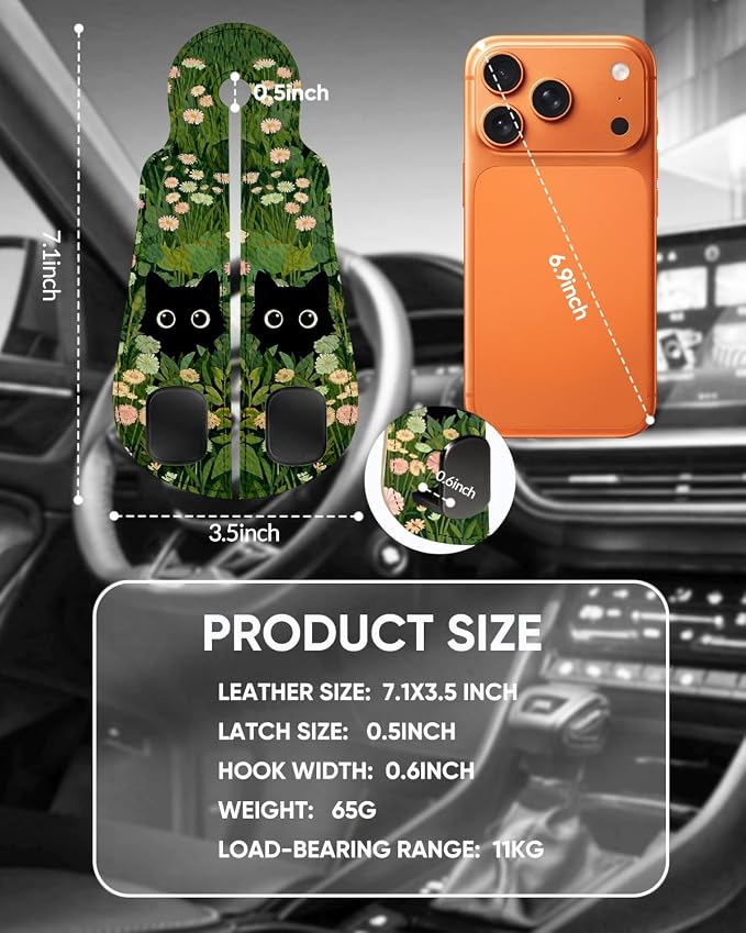 Purse Holder for Car, 2 Pack Heavy Duty Purse Hanger for Car, PU Leather Car Seat Hooks for Purses and Bags, Cute Grass Cat Headrest Organizer for Handbags & Backpacks