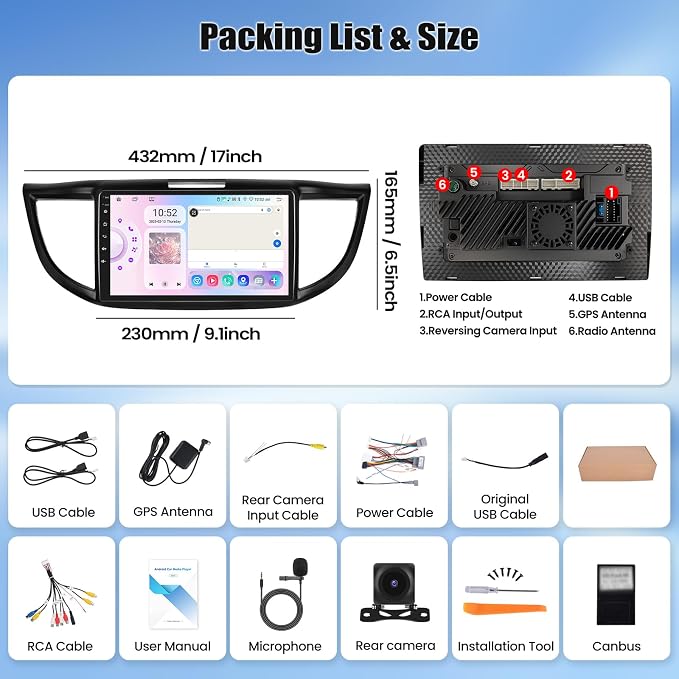 8 Core 6+128G for Honda CRV 2012-2016 Android 15 Car Stereo with Wireless Carpaly Android Auto, 9’’ 1280×720P IPS Touchscreen with Bluetooth 5.0 32-EQ 59-UI DSP GPS WiFi FM/RDS SWC Backup Cam+Canbus