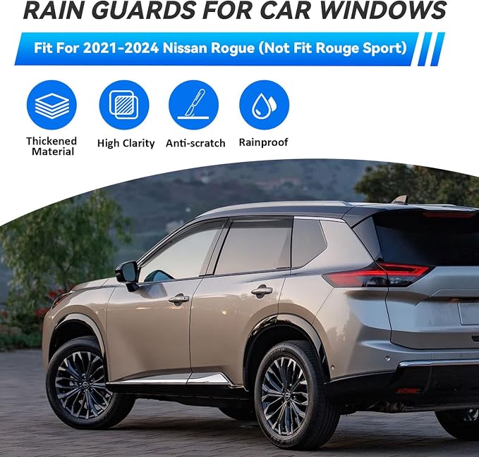 4pcs Smoke Tint Sun Rain Guard Vent Window Visors Compatible with 2021-2024 Nissan Rogue, Outside Mount Tape On Style Acrylic Set of 4 Front+Rear