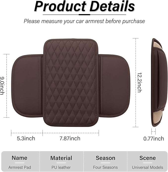 Car Center Console, Upgraded Leather Car Armrest Cushion with 2 Storage Pockets, Universal Waterproof Cushion Pad, Non-Slip Car Interior Accessories, Fits Most Sedans SUVs Trucks (Brown)