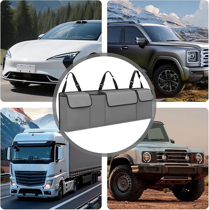 Car Trunk Organizer, Backseat Hanging Large Storage with Adjustable Straps,Waterproof PVC Collapsible Cargo Bag, Car Interior Accessories for Auto SUV MPV (Gray)