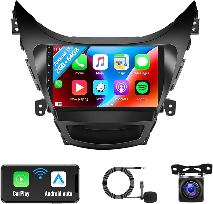 2G+64G Android Car Stereo for Hyundai Elantra 2011 2012 2013 Radio with Wireless Apple Carplay Android Auto Bluetooth 9 inch Touchscreen with GPS Navigation WiFi HiFi FM RDS Backup Camera MIC