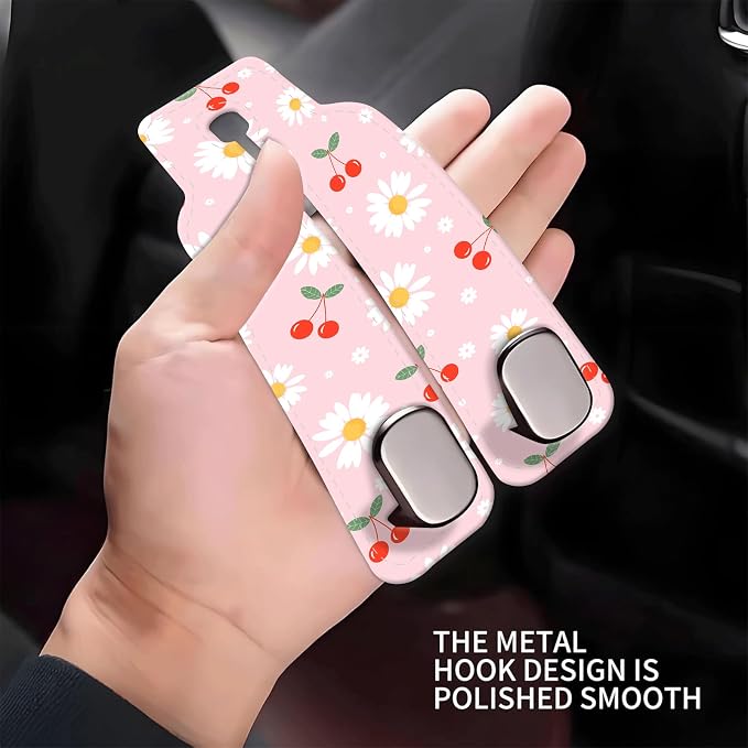 Car Seat Headrest Hook, Universal Leather Cute Hanger Holder Hook, Storage Organizer Interior Accessories for Purse Bags Handbag Cute Daisy Cherry