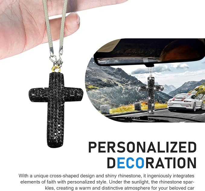 Bling Cross Car Mirror Hanging Accessories, Crystal Rhinestone Rear View Mirror Pendant, Religious Rearview Mirrors Decoration Charm, Car Hanging Ornament, Auto Interior Accessories (Black)