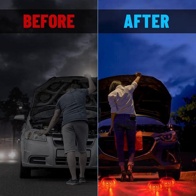 GP904B Rechargeable LED Road Flares Emergency Lights Kit Roadside Warning Car Traffic Safety Beacon Flashing Disc Flare 9 Modes Strobe with Magnetic Base for All Vehicles，4 Pack
