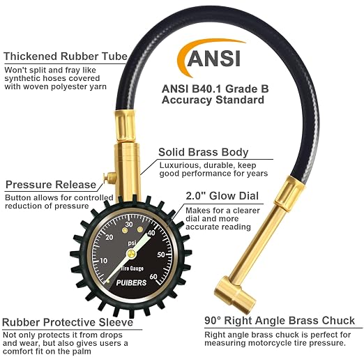 Motorcycle Tire Pressure Gauge 60 PSI, 2’’ dial Mechanical Tire Gauges with 90 Degree Right Angle Chuck Flexible Hose, Tires Guages for Pressure Glow in The Dark for Cars, Motos, Bicycles