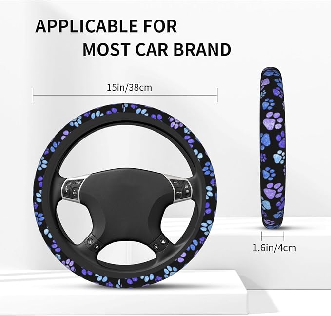 Paw Prints Steering Wheel Cover - Purple Dog Paw Steering Wheel Cover Anti-Slip Breathable 15 Inch Universal 2 Pcs Car Interior Cup Holder Pad for Men Women