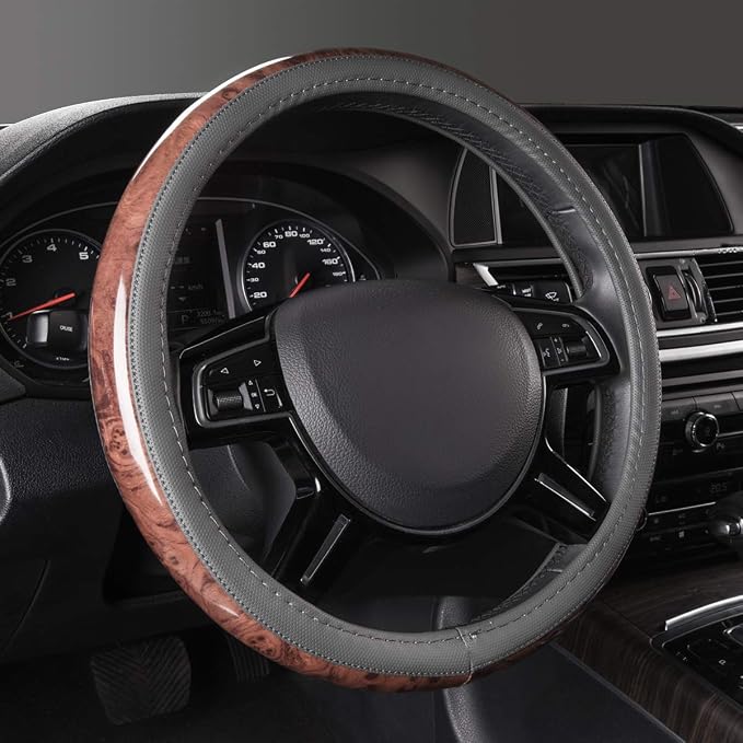 Wood Grain Microfiber Leather Steering Wheel Cover, Universal Fit for 14 1/2-15 inch Gray Steering Wheel, Anti-Slip Veins Design,Cars, Suvs,Minivans, Sedans (Gray)