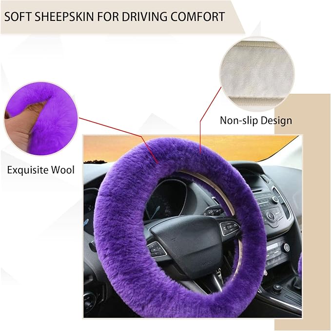 Fuzzy Steering Wheel Cover, 15 inch Soft Wool Fur Steering Wheel Protector, Fluffy Wheel Covers for Winter Warm, Car Interior Decoration Accessories for Women Men (Purple)