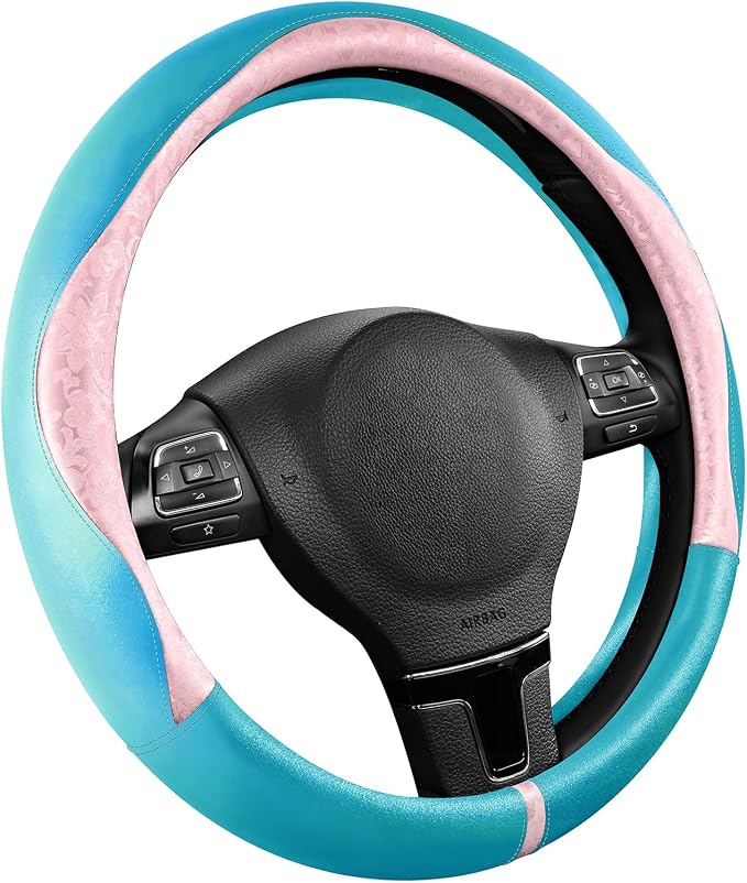 Steering Wheel Cover, Pink Patterned & Blue Leather Patchwork Design, Universal Fit 14.5"–15.5", Anti-Slip, Odor-Free, Soft PU Grain Leather, Durable Grip Car Accessory for Girls & Women