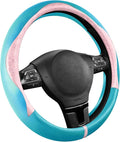 Steering Wheel Cover, Pink Patterned & Blue Leather Patchwork Design, Universal Fit 14.5"–15.5", Anti-Slip, Odor-Free, Soft PU Grain Leather, Durable Grip Car Accessory for Girls & Women
