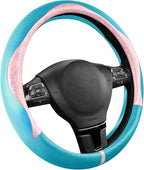 Steering Wheel Cover, Pink Patterned & Blue Leather Patchwork Design, Universal Fit 14.5"–15.5", Anti-Slip, Odor-Free, Soft PU Grain Leather, Durable Grip Car Accessory for Girls & Women