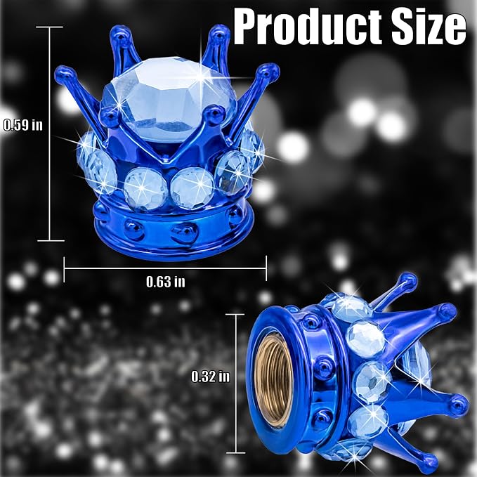 4PCS Crown Bling Tire Stem Valve Caps, Crystal Diamond Car Wheel Tire Valve Caps Universal Copper Core Stem Covers for Cars, SUV, Trucks, Bikes, Motorcycles, Bicycles (Blue)