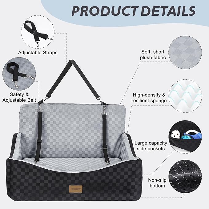 Dog Car Seat for Medium/Large Dogs - Reversible Dual-Sided Travel Dog Car Bed with Memory Foam, Washable Pet Booster Seat for Do gs up to 55 lbs or 2 Small Dogs, 2 Safety Leashes, Grey