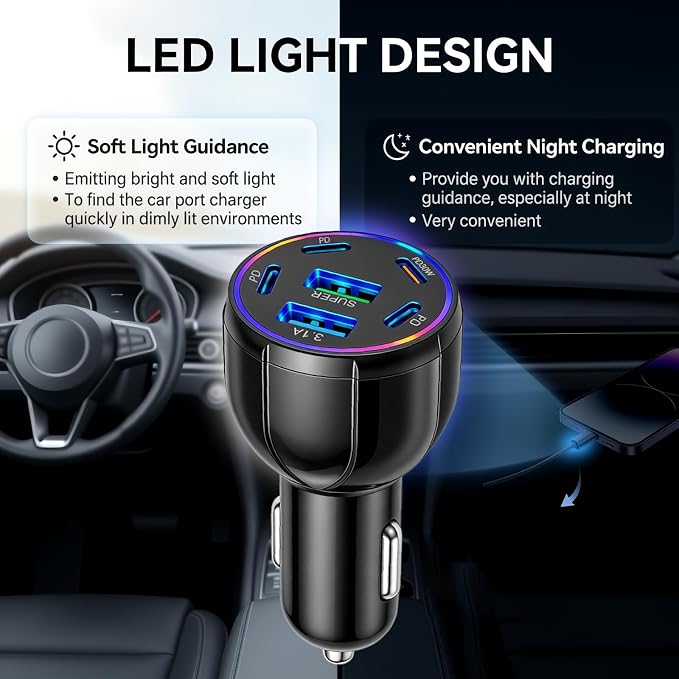 6 Ports 75W Fast Car Charger USB C & USB A,12V/24V Car Charger Adapter Cars Cigarette Lighter Chargers for Super/PD30W/PD/3.1A,12V/24V Cars Port Chargers for Phones,Tablets