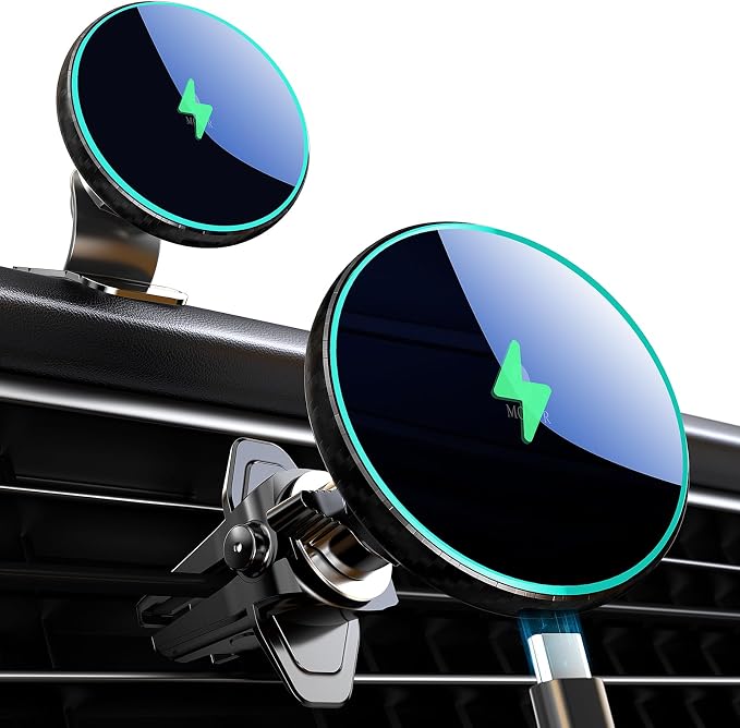 for Magnetic Car Mount Charger-15W Wireless Car Charger-Magnetic Car Phone Holder for Dash Air Vent-LED RGB HandsFree Car Mount Fast Car Charger for iPhone 14/13/12 Series Carbon Fiber