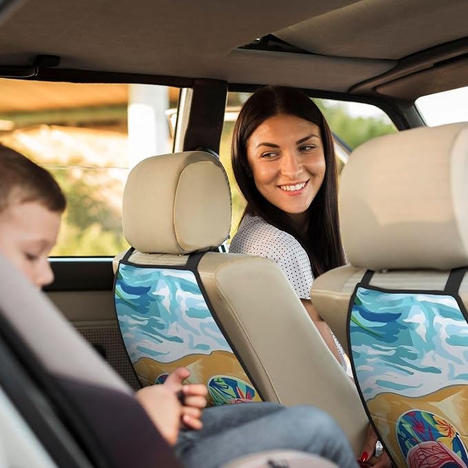 Summer Flip-Flops Car Seat Back Protectors 2 Pack – Large Kick Mats with Storage Pockets, Universal Fit for Most Vehicles
