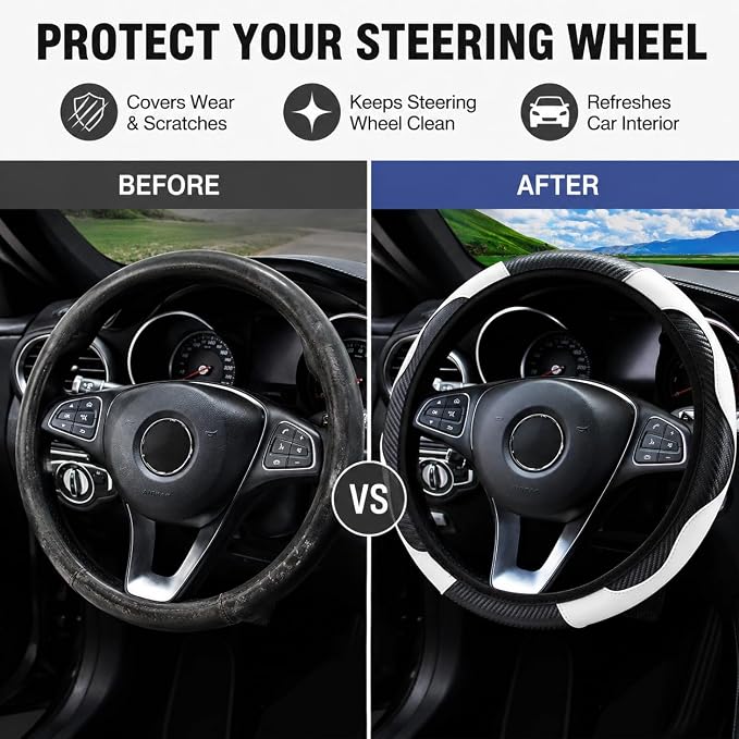 Car Steering Wheel Cover 15 inch, Microfiber PU Leather Elastic Steering Wheel Protector, Anti-Slip Breathable Car Interior Accessories for Most Cars (White)