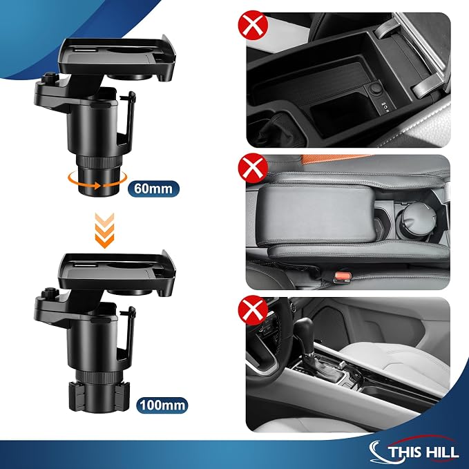 This Hill 2 Pack Cup Holder Tray for Car, 2 in 1 Detachable Car Food Table Tray with 3.93" Base & Phone Slot,Car Cup Holder Expander with 360°Rotation Tray for Travel Road Essentials Accessories