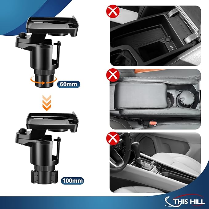 This Hill Cup Holder Tray for Car, 2 in 1 Detachable Car Food Table Tray with Solid Base & Phone Slot,Car Cup Holder Expander with 360°Rotation Tray for Travel Road Essentials