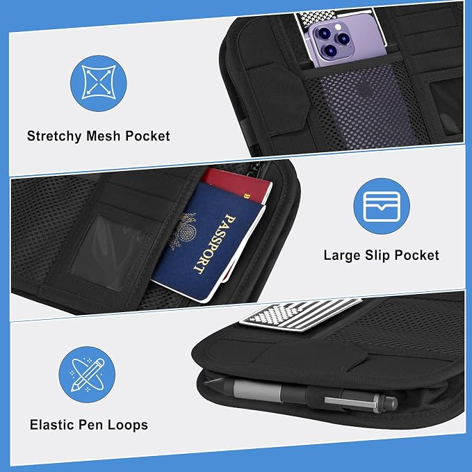 Car Sun Visor Organizer, Tactical Car Accessories with Zipper Storage Pouch, Glasses Clip Card Sleeve Pocket, Multi-Pocket Visor Organizer Fits Most Cars, SUVs, Trucks