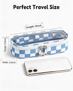 Preppy Checkered Clear Travel Makeup Brush Holder,Blue and Beige Checkered Makeup Brush Toiletry Bag, Portable Cosmetic Brush Case,Transparent Waterproof Makeup Brush Storage Bag