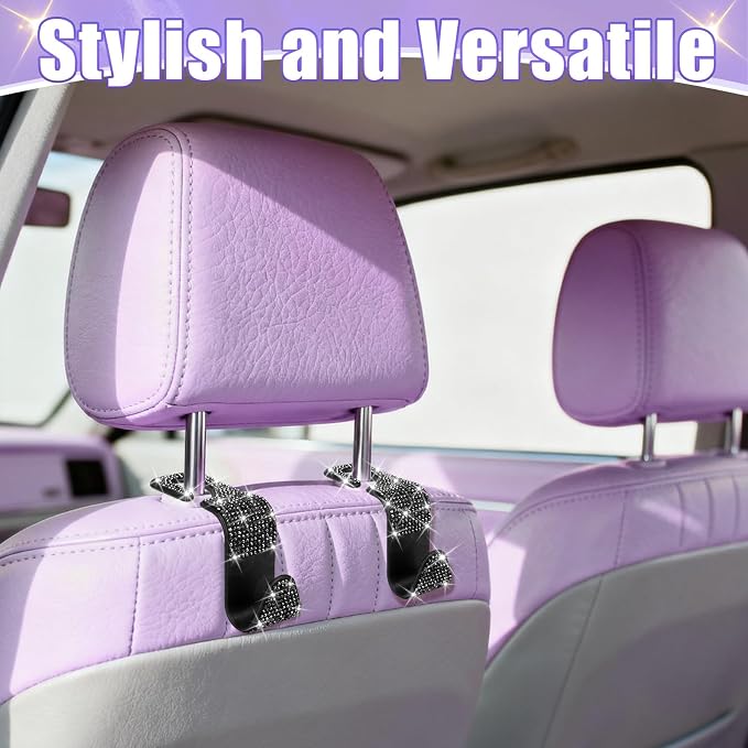 6 Pack Bling Car Seat Headrest Hooks, Car Accessories for Women, Rhinestone Purse Hook for Car, Universal Storage Organizer for Handbag Grocery Bags Coats (Bling Black)