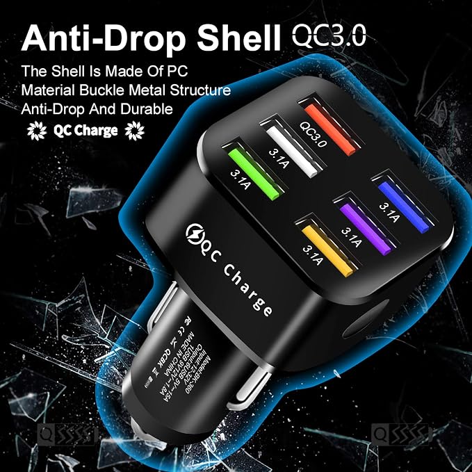 Car Charger Adapter, 6 USB Multi Port, Fast Charger, Include QC 3.0 and 5 Other Ports, Car Interior Accessories, Fit for iPhone 17/16/15/14/13Pro Max, Samsung, Android (Bright Black)