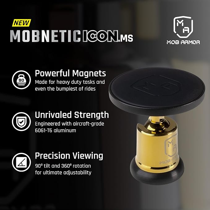 MobNetic Icon.MS MagSafe Compatible Phone Mount, Magnetic Phone Holder for Car w/ 90lb Pull Force, 90º Tilt & 360º Rotation, Aluminum Build, Compatibility for iPhone & Android (Gold)
