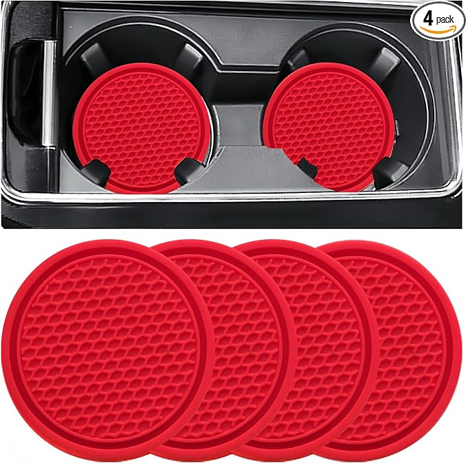 Car Cup Coaster, 4PCS Universal Auto Non-Slip Cup Holder Embedded in Ornaments Silicone Coaster, Car Interior Accessories Sets, Red
