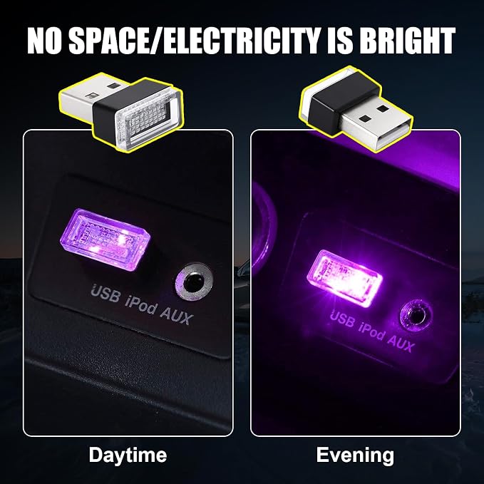 4 PCS USB LED Car Interior Atmosphere Lamp, Portable Mini LED Night Light, Plug-in USB Interface Trunk Ambient Lighting Kit, Universal Car Interior Accessories (Purple)