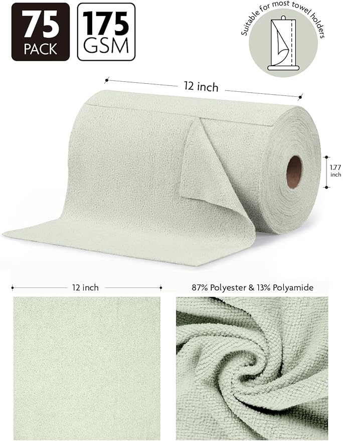 Microfiber Cleaning Cloth Roll- 75 Sheets, 12"x12"(MossGreen) | Super Absorbent, Lint-free, Tear-away Microfiber Towel Roll, for All-Purpose Cleaning, Reusable Alternative to Paper Towels