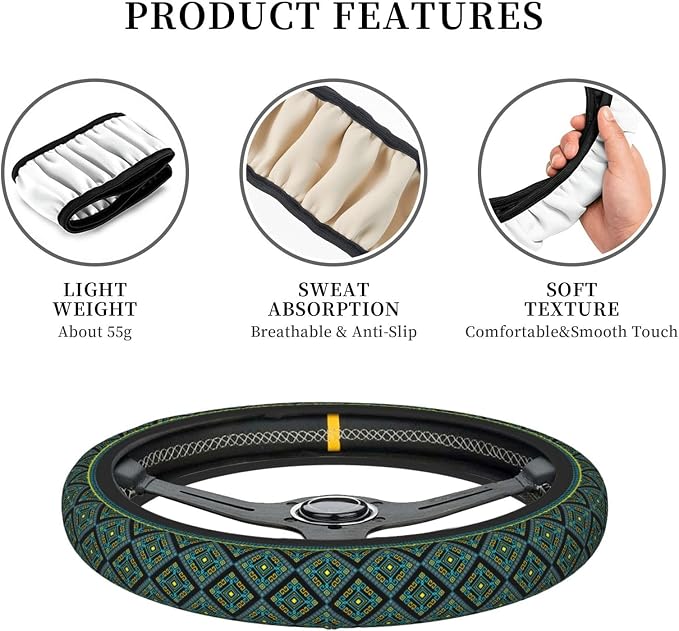 Geometric Steering Wheel Cover Car Elastic Steering Wheel Protector | Bohemian Style Blue Gold Anti-Slip Car Accessories Interior for Women Men Universal 15 Inch