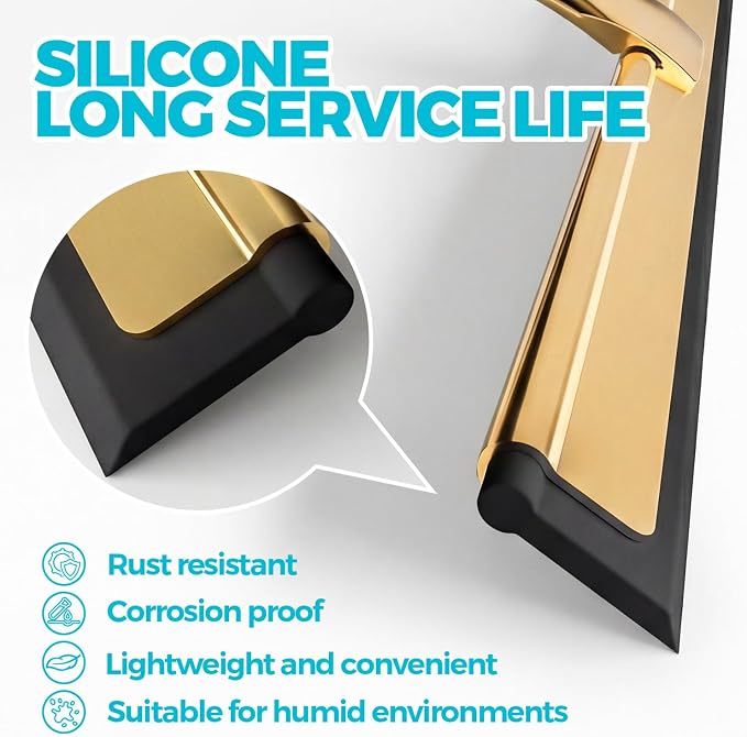 2pcs Shower Squeegee for Glass Doors with Adhesive Hanging Hook Set | 12” gold, bathroom accessories, window cleaner, new home essentials, soft rubber blade, metal handle, ergonomic grip