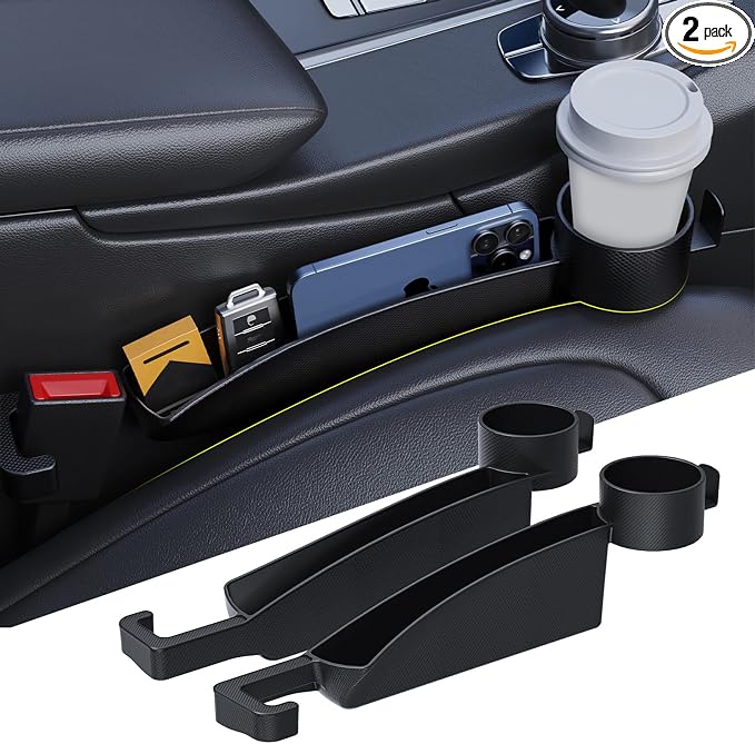 Car Seat Gap Filler Set of 2, Upgraded Car Side Seat Gap Fillers with Organizer, Cup Holder & Hook Function, Inserts Between Front Seats Console Catcher 4in1 Gap Stopper Fill Plug Storage Box (Black)
