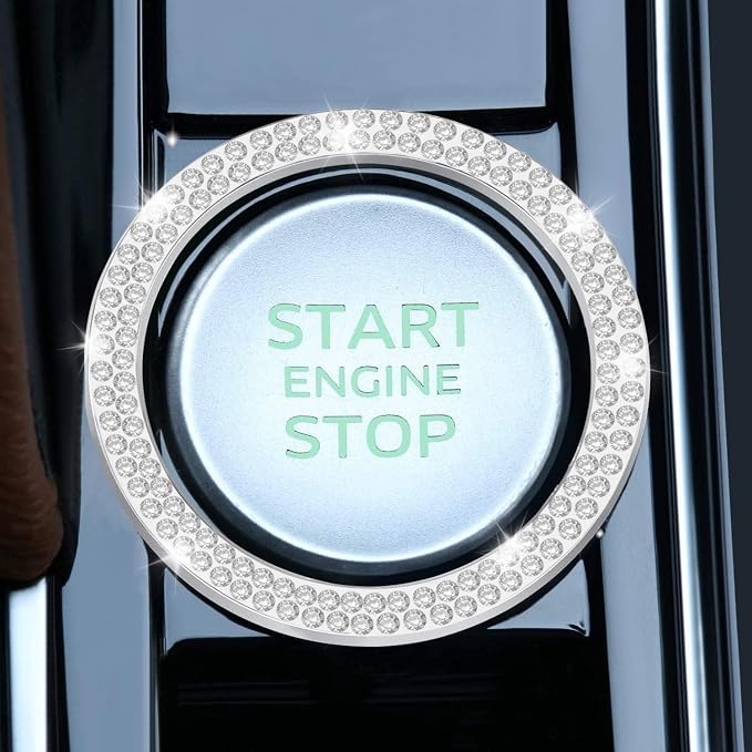 2 PCS Crystal Double Rhinestone Car Engine Start Stop Decoration Ring, Bling Car Interior Accessories for Women, Push to Start Button Cover Sticker, Automotive Decals, White
