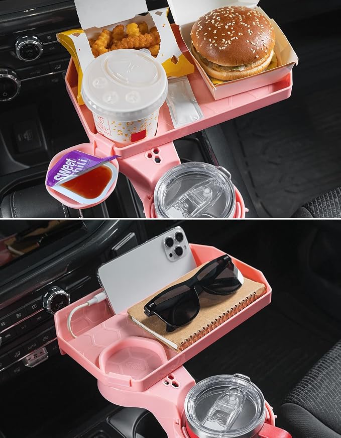 Cup Holder Tray for Car, Car Cup Holder Expander with 360°Rotation Tray, Large Cup Drink Holder Fit for Yeti/Hydro Flask, Detachable Food Tray Table, Pink Car Accessories