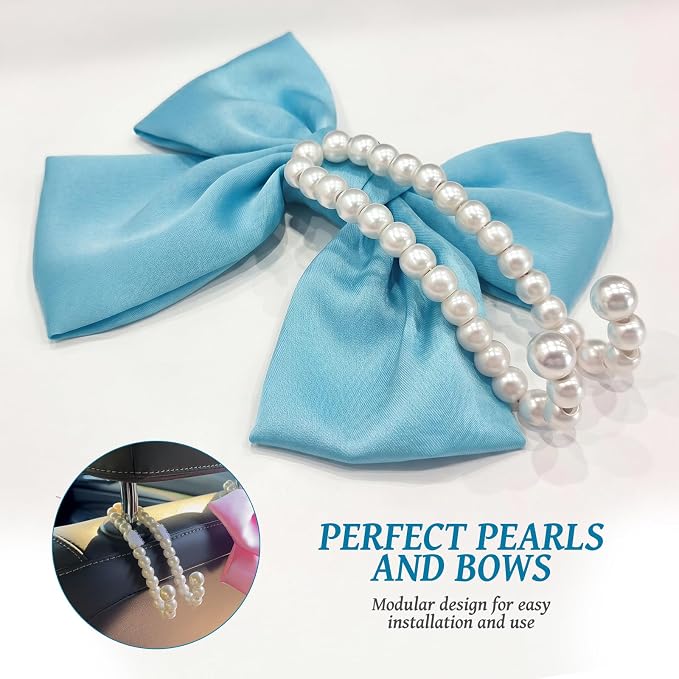 2 PCS Bow Pearl Car Seat Headrest Hook – Cute Purse Hook for Car, Girly Interior Decoration Accessories Hook Hanger, Seatback Holder for Purses & Bags, Elegant Car Organizer (Sky Blue)