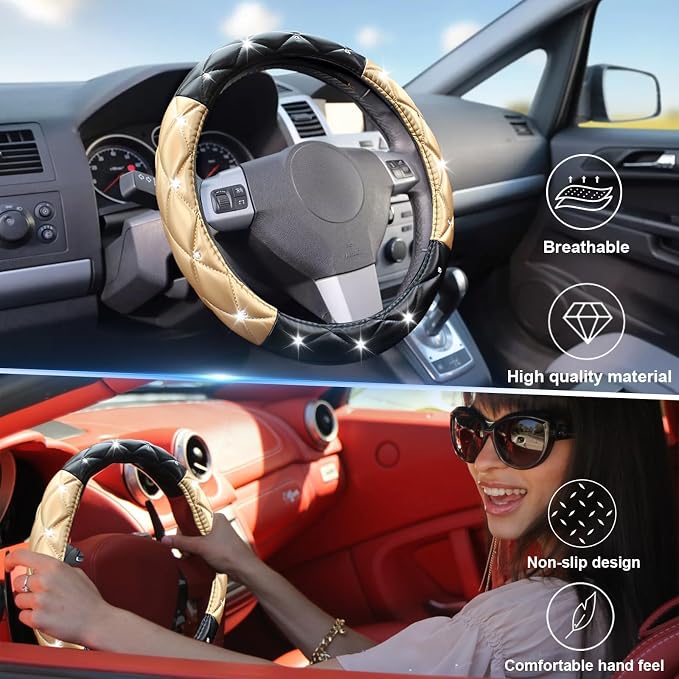 Black and Gold Steering Wheel Cover, Auto Cute Diamond Bling Soft Comfort Leather Car Interior Accessories Protector Sparkly Fit Most O-Shaped Steering Wheels