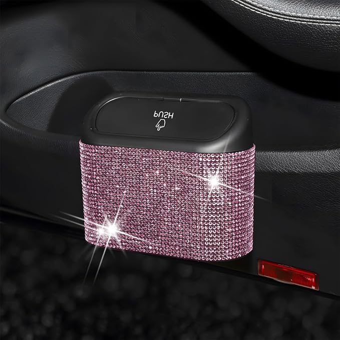 Bling Car Trash Can with Lid, Crystal Rhinestones Leakproof Auto Garbage Hanging Container Bin, Multipurpose Diamond Dustbin Storage Organizer, Universal Vehicle Accessories (Pink)