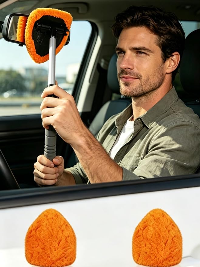 Car Windshield Cleaner Tool with Reusable Microfiber Pads Extendable Handle (1, Orange)