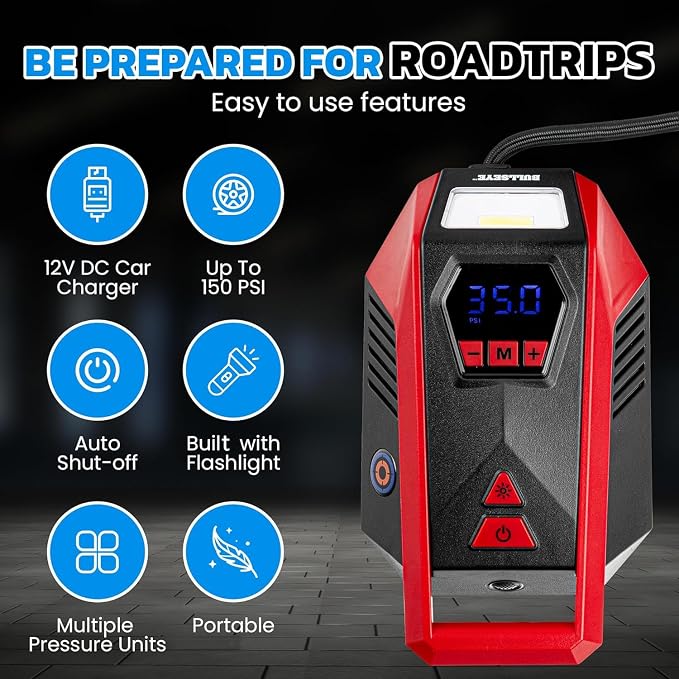 Bullseye 12V DC Car Tire Inflator Portable Air Compressor - Rapid 2 Minute Inflation, Auto Shut-Off, Max 150 PSI, Easy Cord Storage, Digital Pressure Gauge, Works For Bikes, Motorcycles, Inflateables